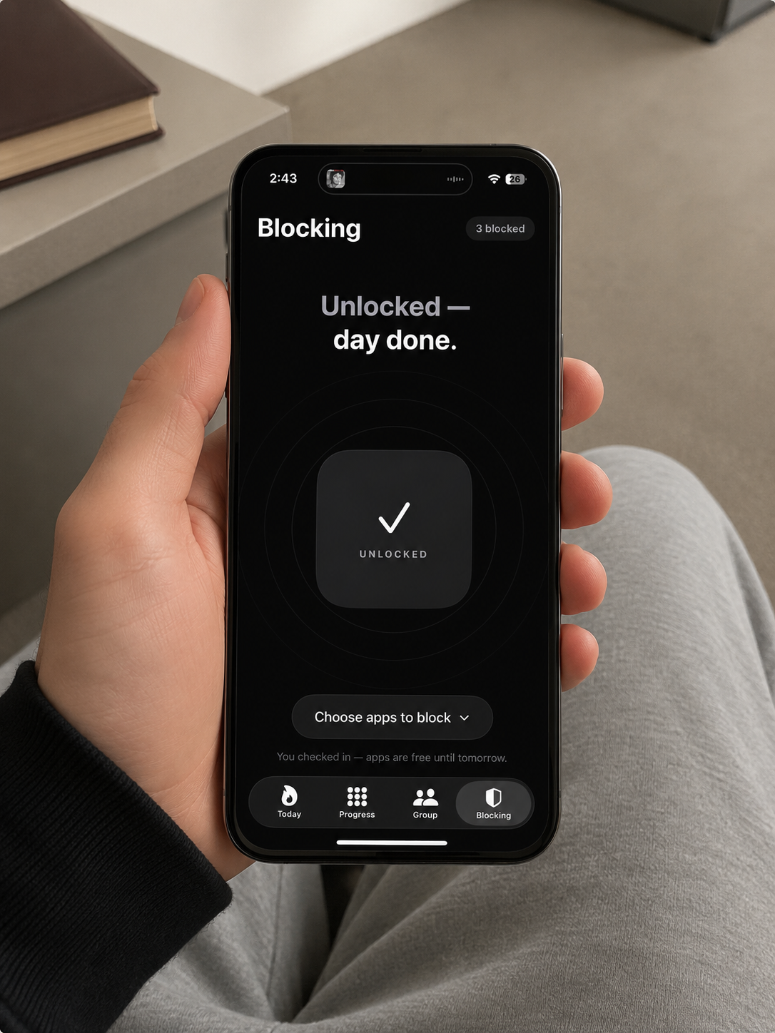 Habit Tap app showing distracting apps unlocked after a completed habit
